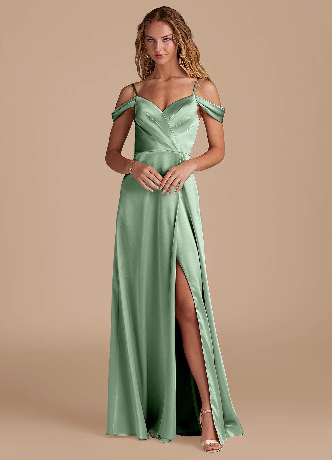 Azazie Ocean Vestidos de damas de honor Vestido de Matcha de Satén Metálico de Corte en A con Vestidos sin tirantes image1