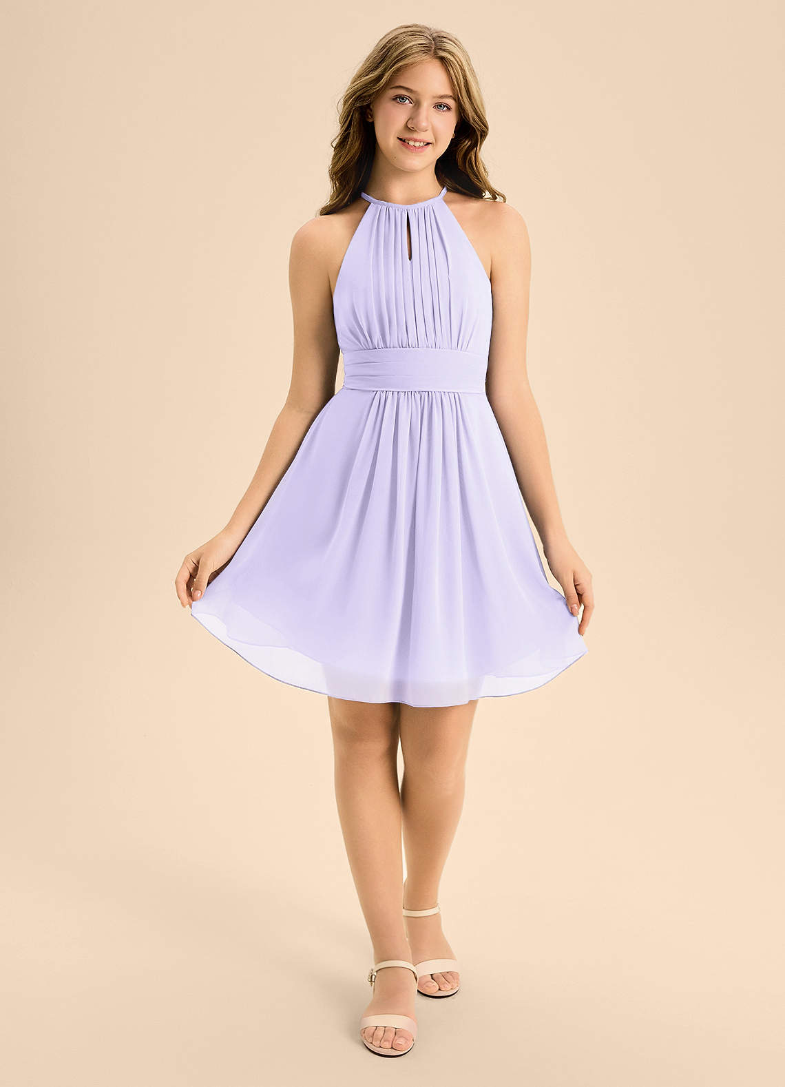 Azazie Bonnie Junior A-Linie Plissee Chiffon Kleid Flieder image1
