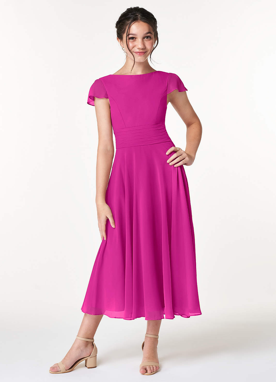 Azazie Payton Junior Vestido de Fucsia de Gasa de Corte En A con Lazo image1