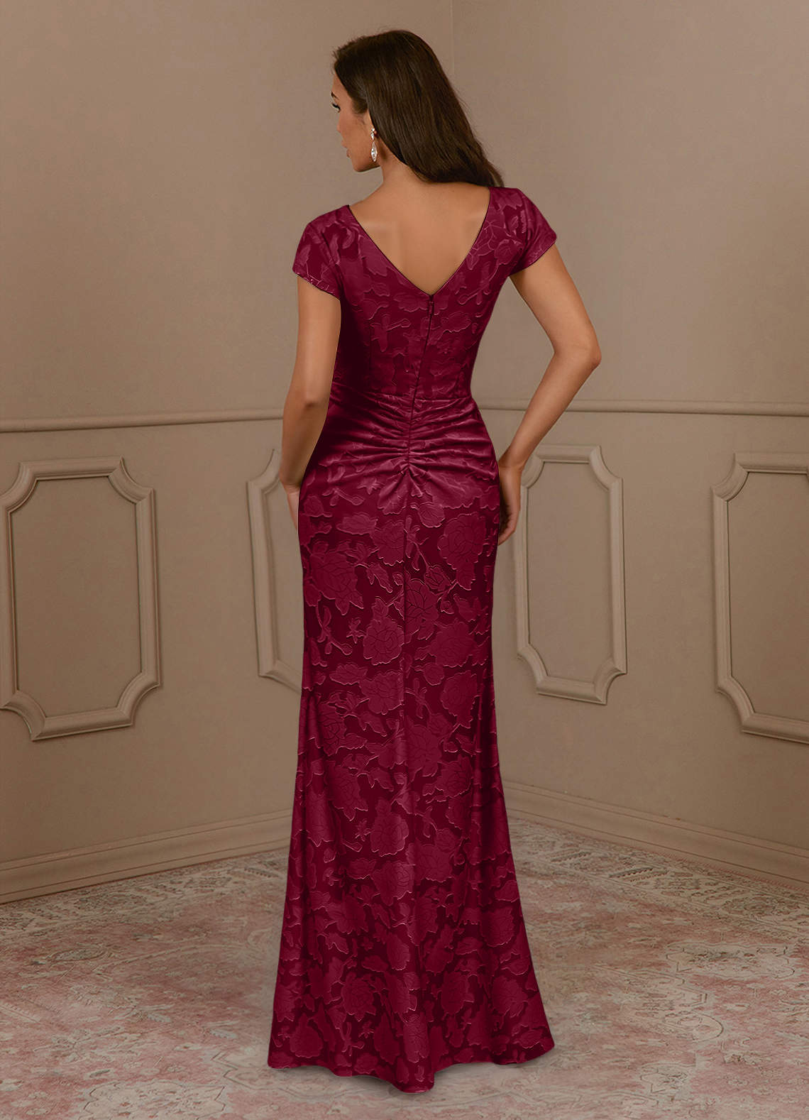 Azazie Roya Mother of the Bride Dresses Burgundy Mermaid Ruched Floral Burnout Dress image3