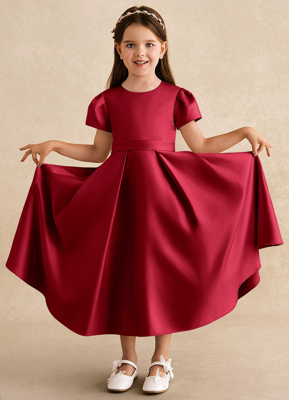 Azazie Princess Robe Demoiselle D'honneur Fillette Robe Trapèze en Mat Satiné Plissée Écarlate image2
