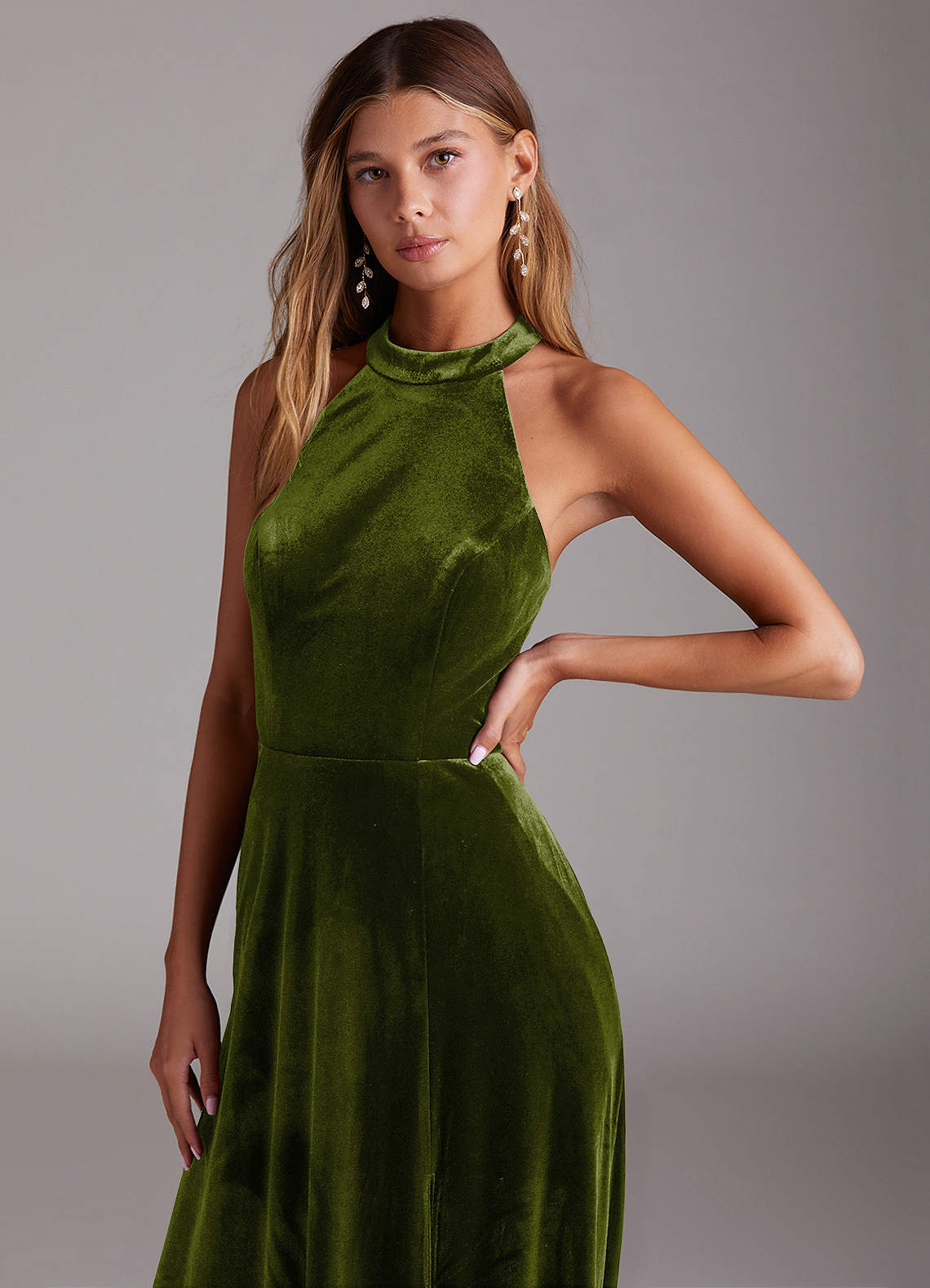 Azazie Larice Bridesmaid Dresses Olive A-Line High Neck Velvet Dress image4