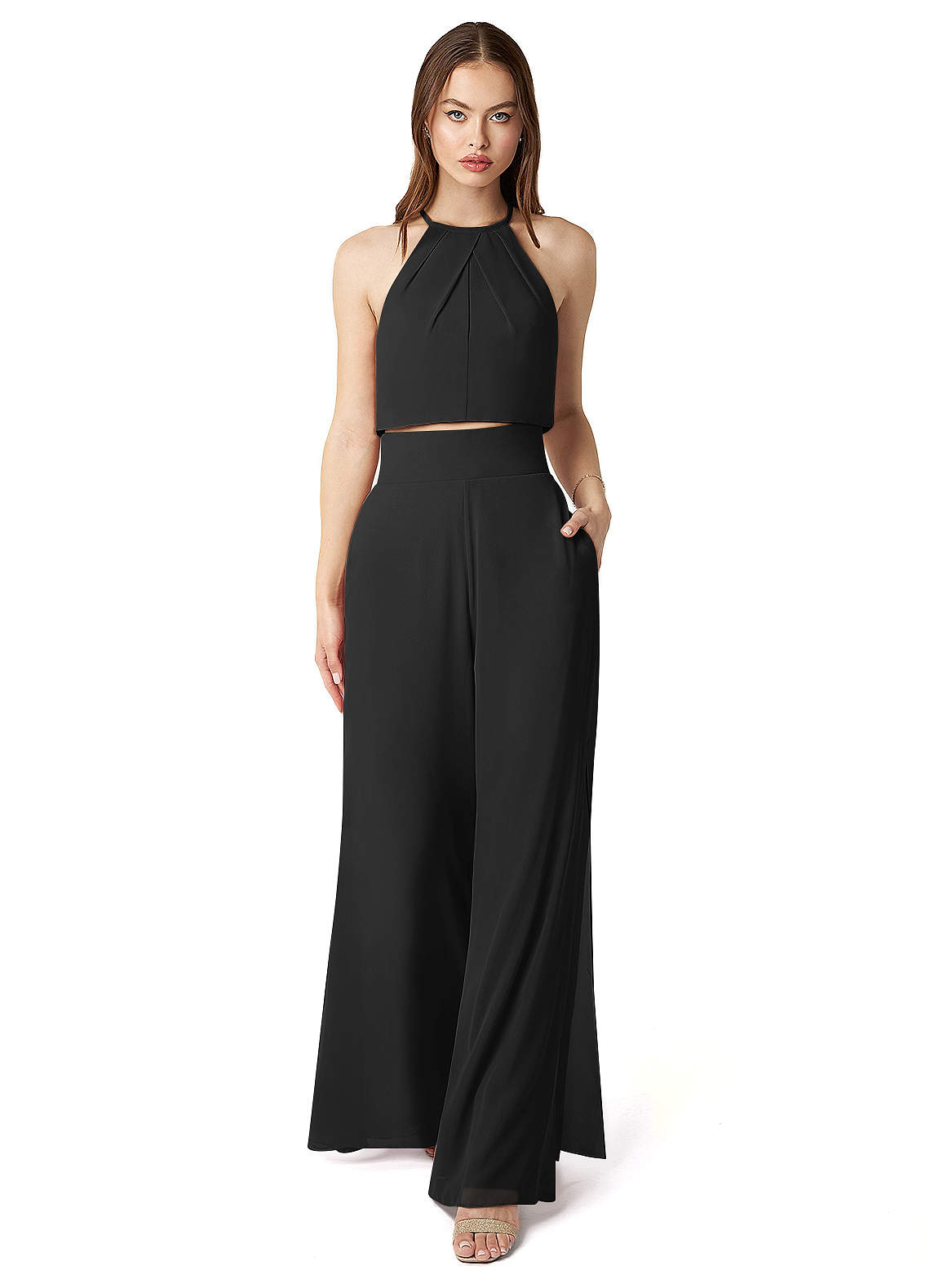 Azazie Kenzi Abiti da Damigella Tuta in Chiffon Plissettato Nero image1
