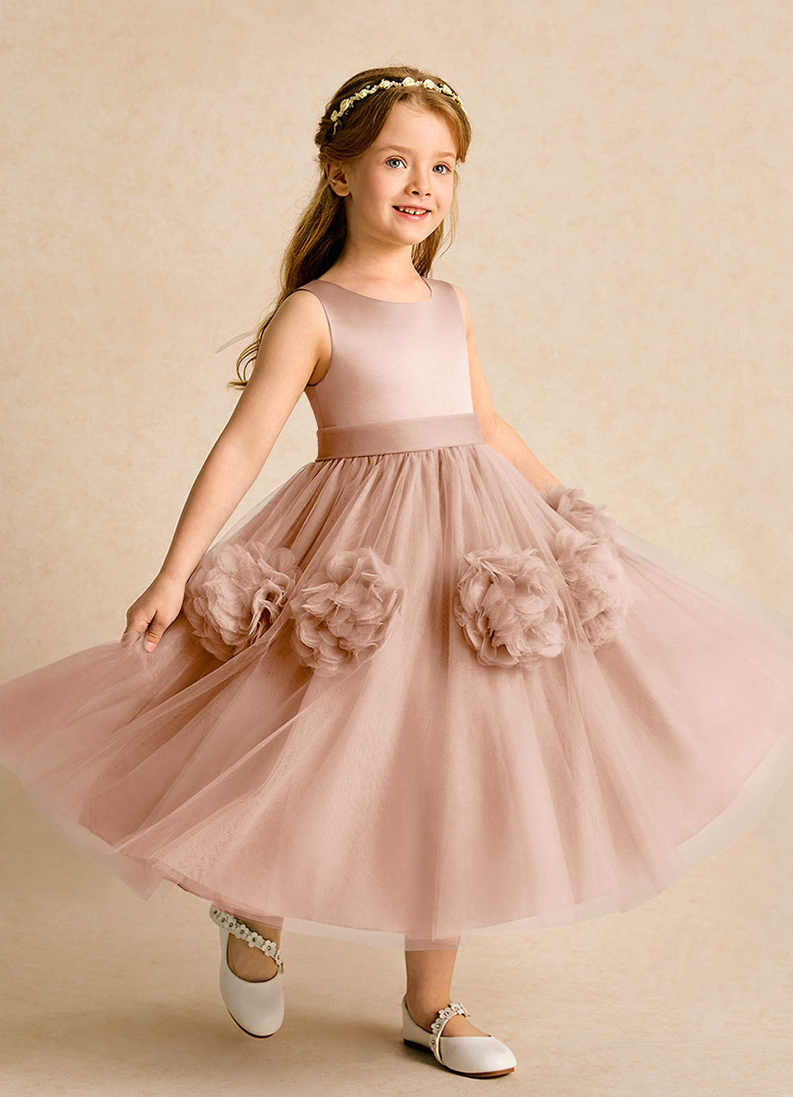 Azazie Vola vestidos de niña de las flores Vestido de Champán Rosado de Tul de Princesa con Sin mangas image1