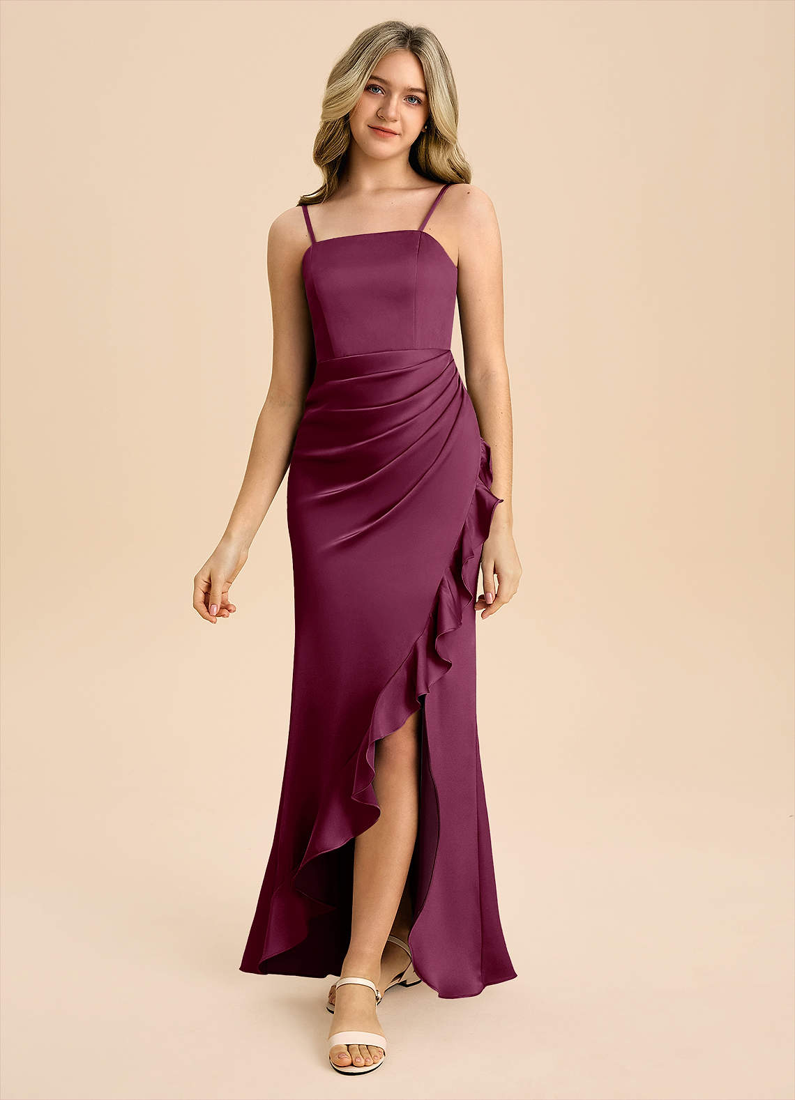 Azazie Buzzy Junior Vestido de Mora de Satén Elástico de Corte Recto con Plisado image4