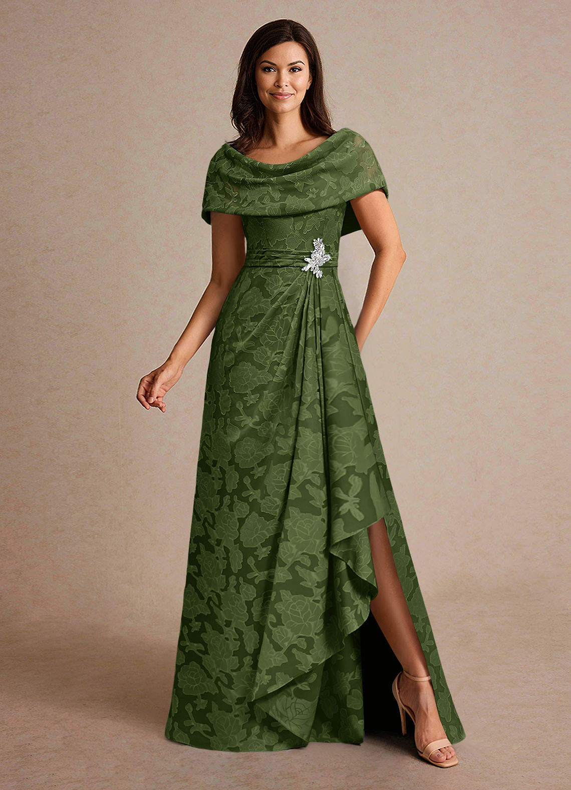 Azazie A-Line/Princess Cowl Neck Floor-Length Floral Burnout Mother of the Bride or Groom Dresses - Olive