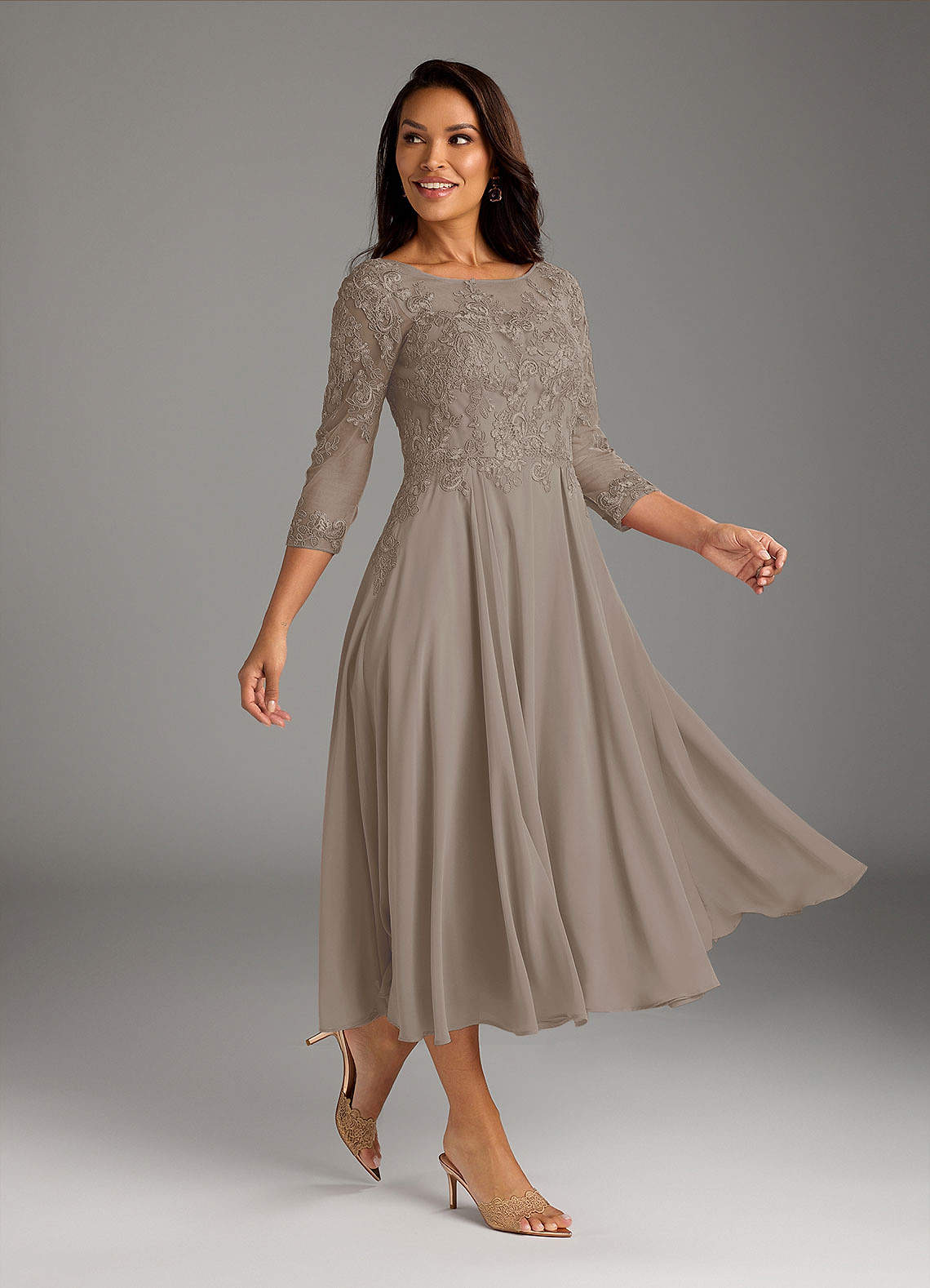 Azazie Marge Taupe A-Line Scoop Lace Chiffon Dress | Azazie