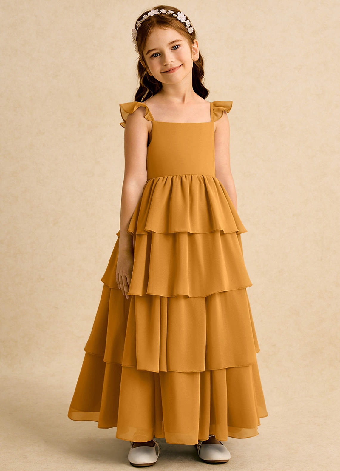 Azazie Boba vestidos de niña de las flores Vestido de Caramelo de Gasa de Corte En A con Escote Cuadrado image1