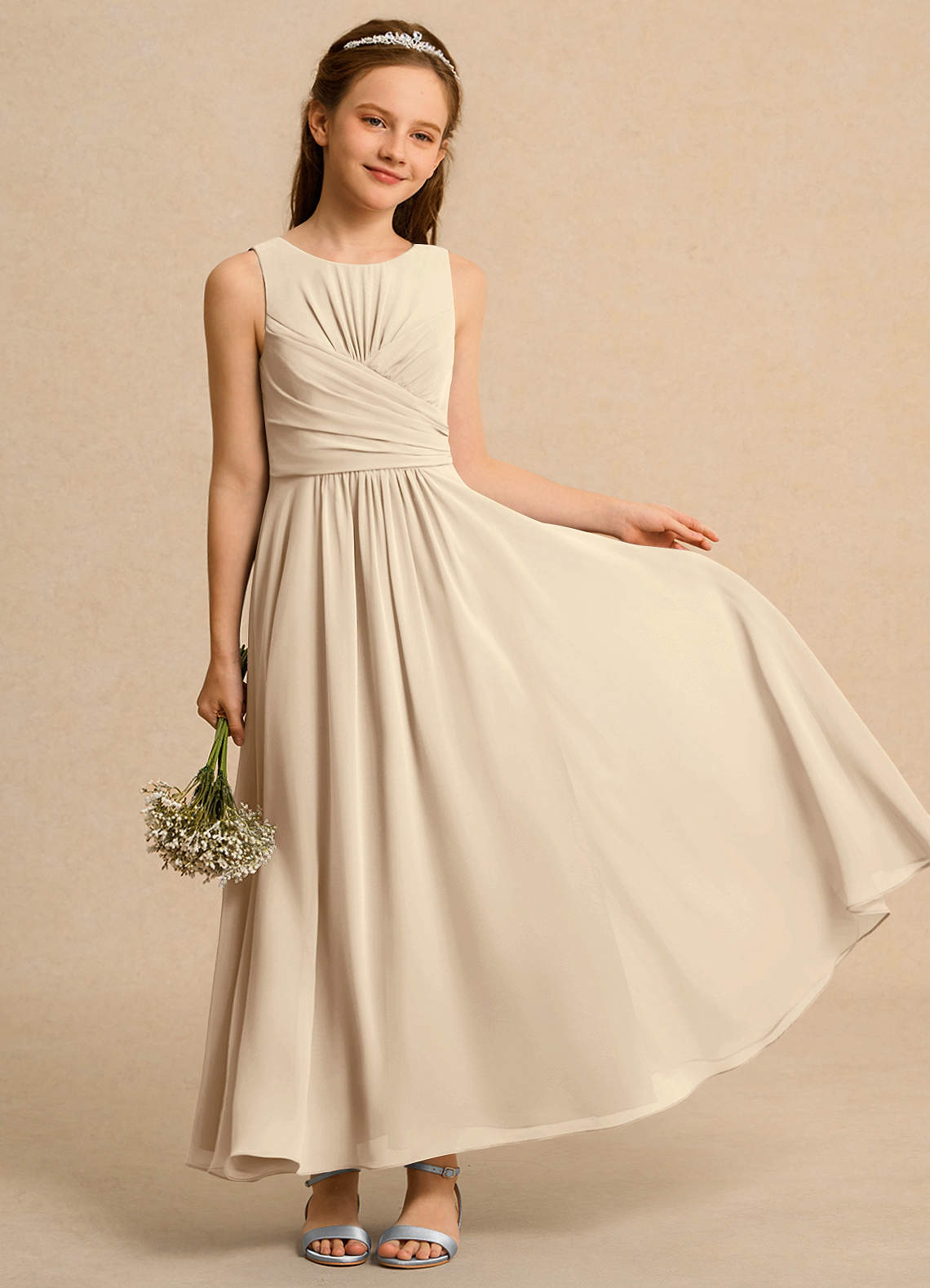Azazie Ducky Girl Blumenmädchenkleider A-Linie Plissee Chiffon Kleid Champagner image1