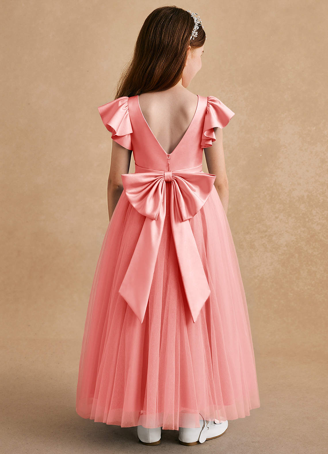 Azazie Suzy Flower Girl Dresses Coral A-Line with Sleeves Tulle Dress image1