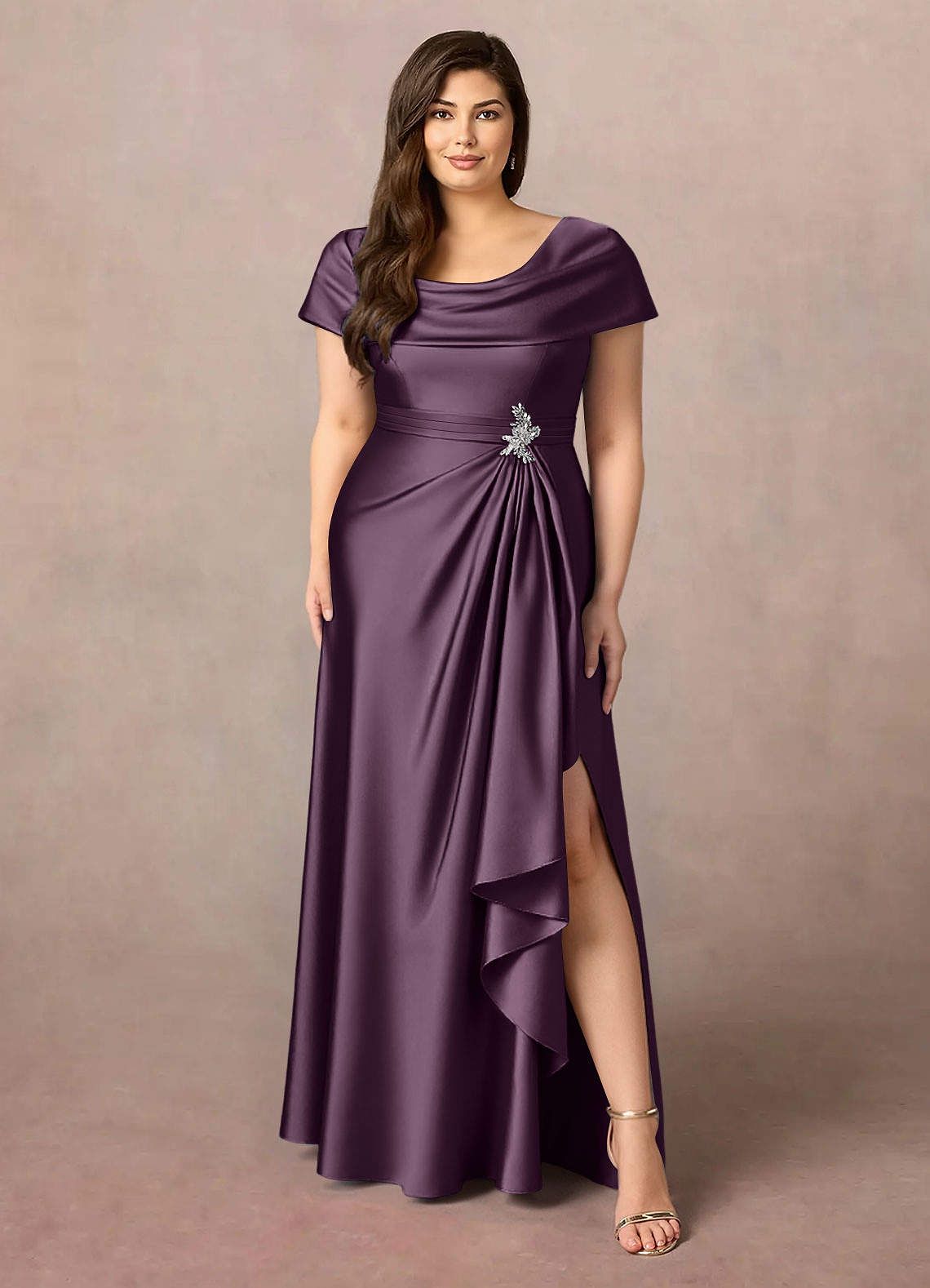 Azazie Branford Mother of the Bride Dresses Plum A-Line Pleated Stretch Satin Dress image8