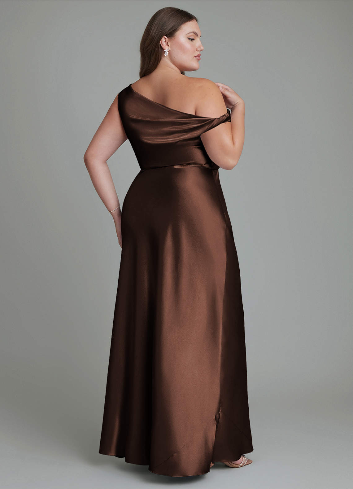 Azazie Emerson Bridesmaid Dresses Ganache Mermaid Off the Shoulder Metallic Satin Dress image8