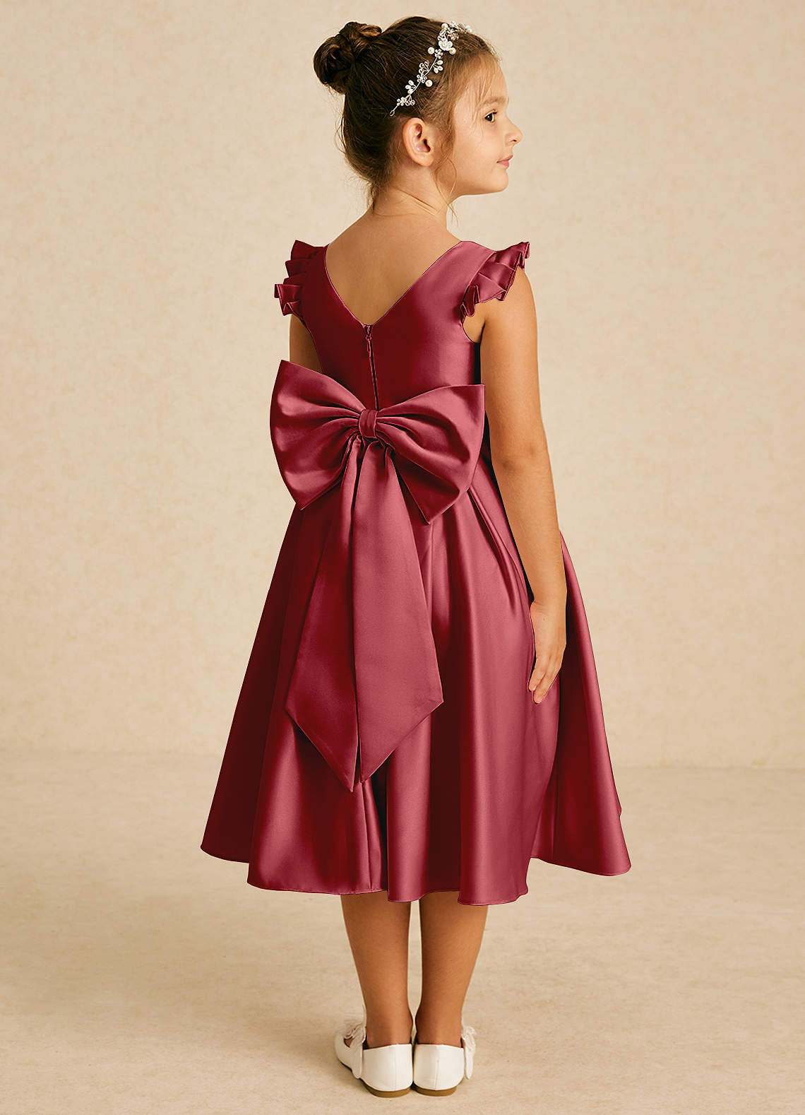 Azazie Francine Blumenmädchenkleider A-Linie Schleifen Matte Satin Kleid Granatapfelrot image1