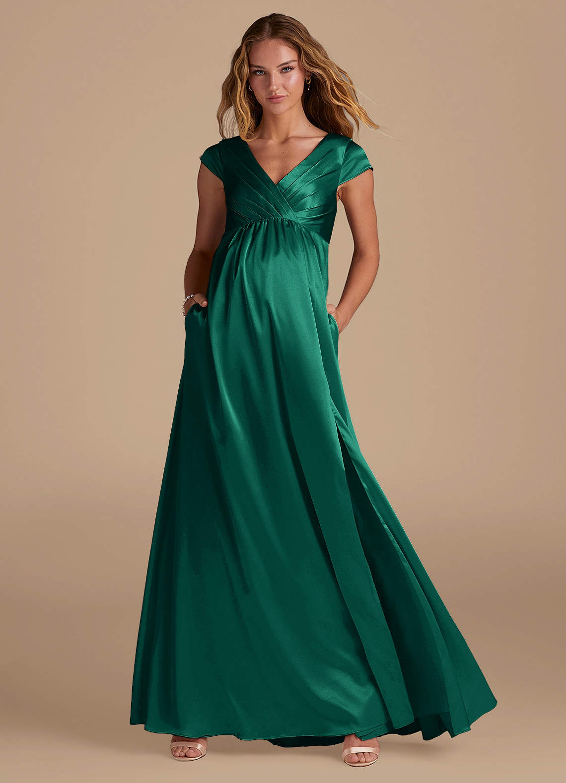 green emerald velvet dress A-Line Empire Waist Light Blue Long Bridesmaid Dress – FancyVestido main image 0
