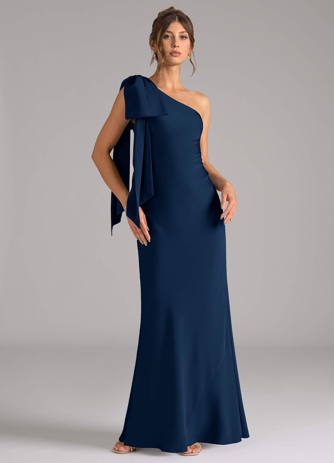Azazie Capri Bridesmaid Dresses Dark Navy Mermaid One Shoulder Stretch Satin Dress image1