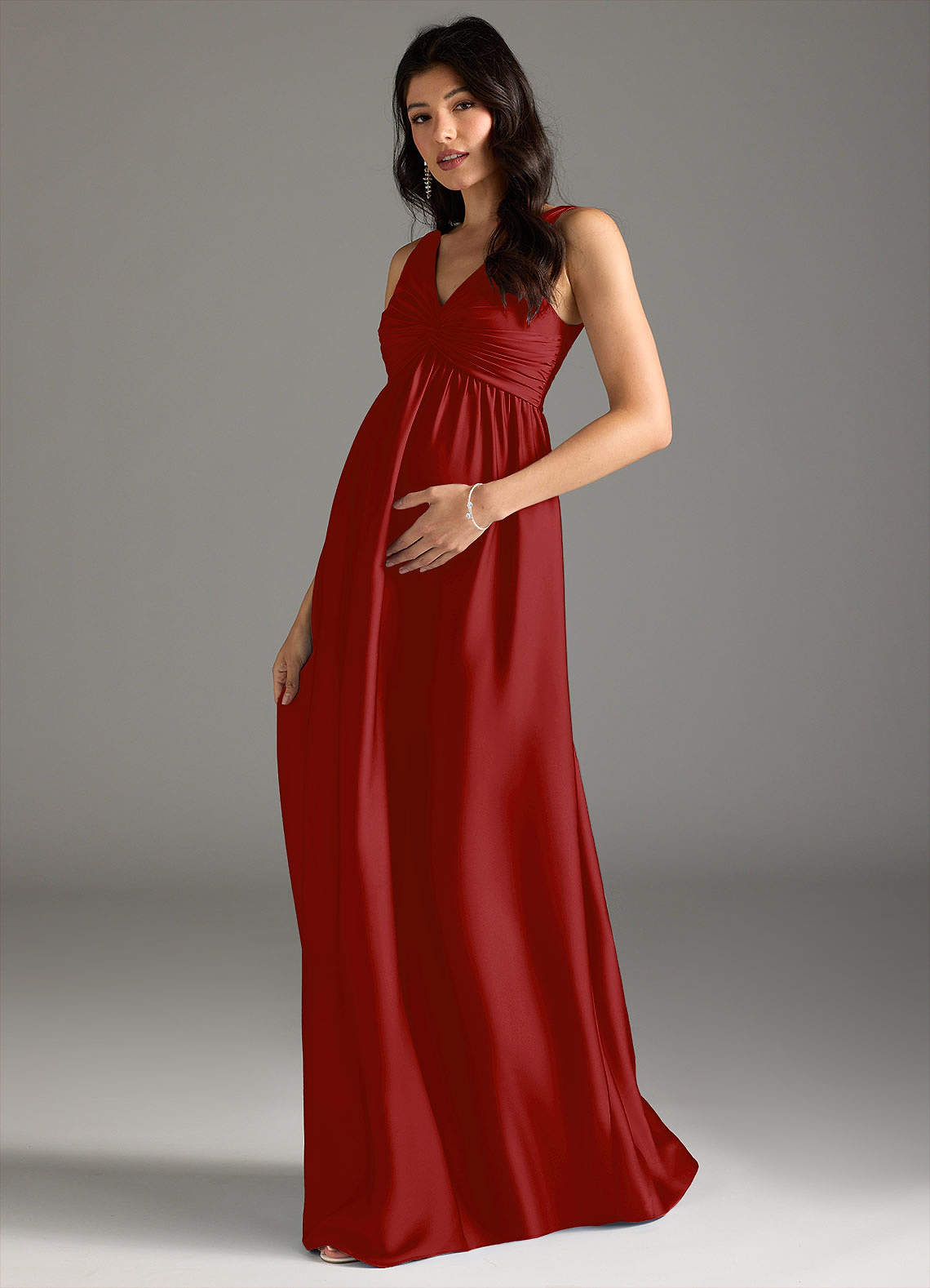 Azazie Yetta Maternity Bridesmaid Dresses A-Line Pleated Stretch Satin Floor-Length Dress image1