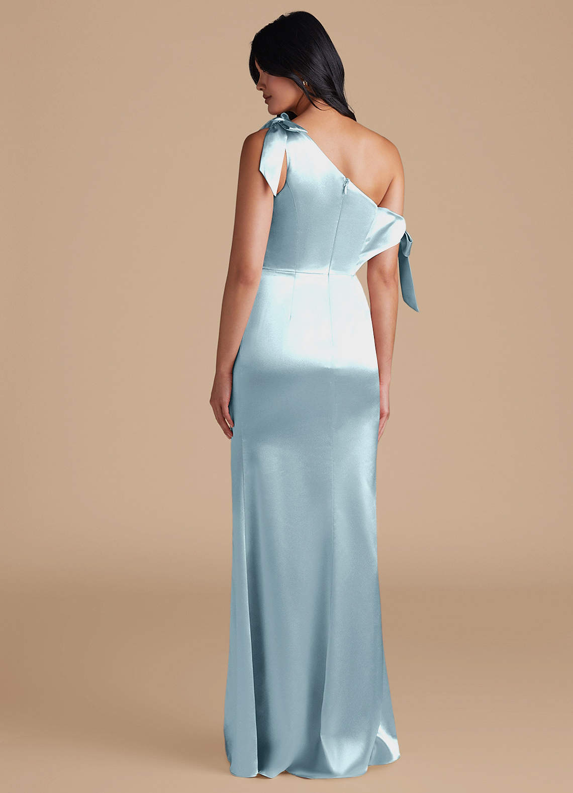 Azazie Xyla Bridesmaid Dresses Sky Blue Sheath Off the Shoulder Metallic Satin Convertible Dress image4