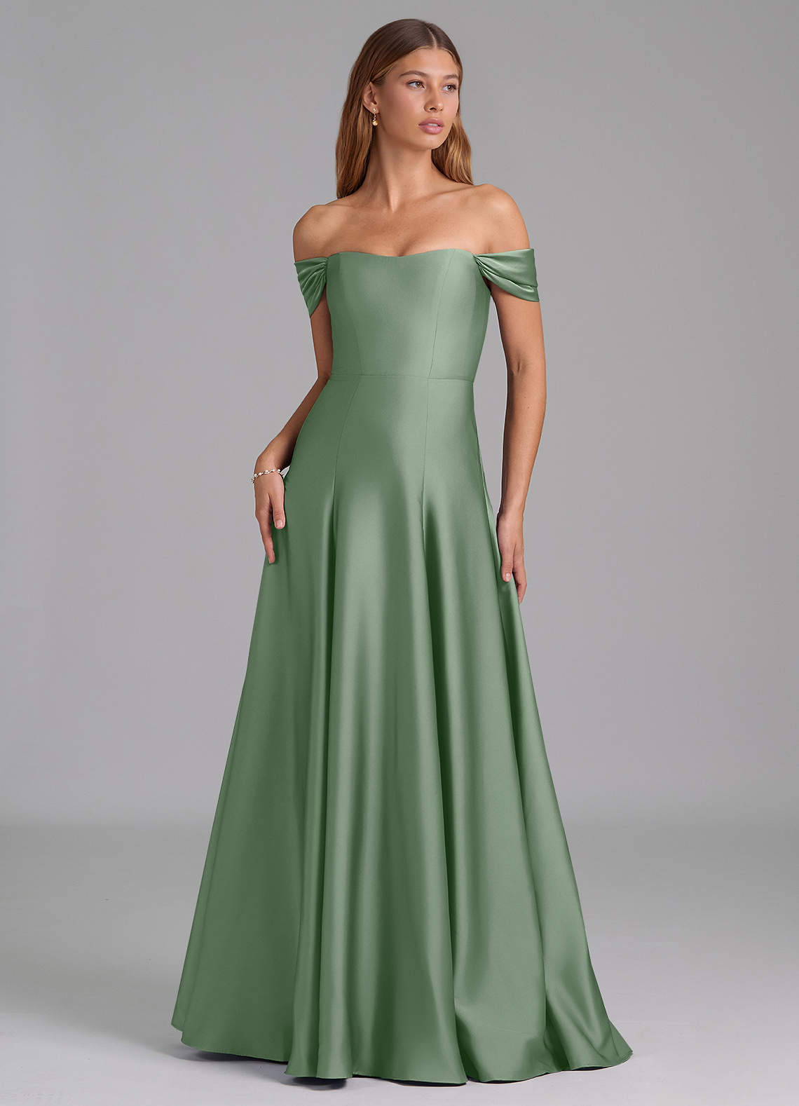 Azazie Seriana Bridesmaid Dresses Matcha A-Line Off the Shoulder Stretch Satin Convertible Dress image1