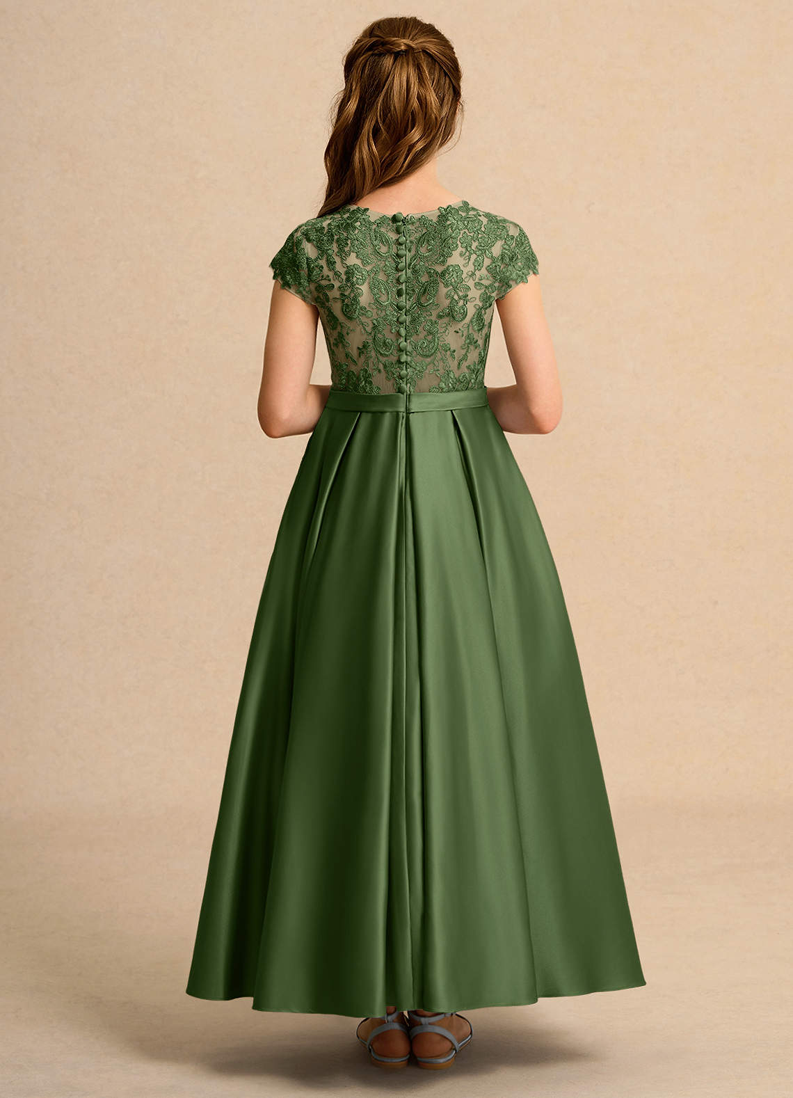 Azazie Ball-Gown Scoop Neck Ankle-Length Lace Flower Girl Dresses - Olive