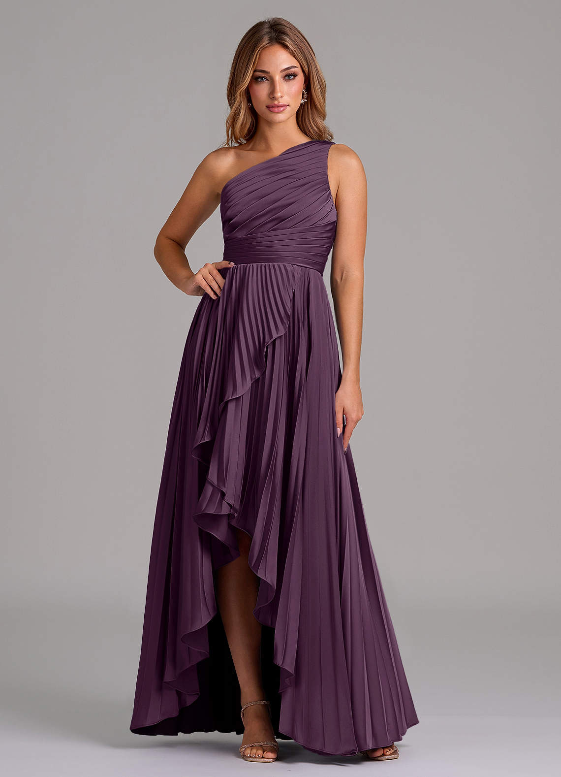 Azazie Lyrica Bridesmaid Dresses Plum A-Line One Shoulder Stretch Satin Dress image1