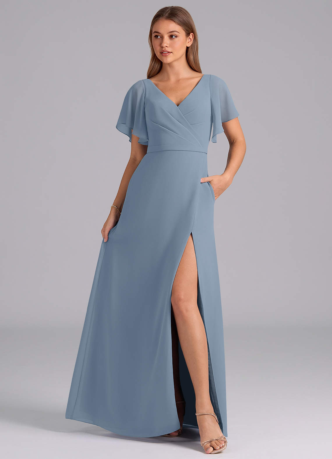 blue dress for baby girl Zapaka Women Dusty Blue Bridesmaid Dress with Slit A Line Spaghetti Straps  Backless Satin Long Wedding Guest Dress – ZAPAKA UK main image 0