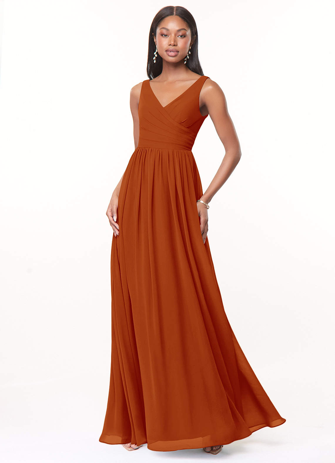 Azazie Keyla Bridesmaid Dresses Paprika A-Line V-Neck Pleated Chiffon Dress image1
