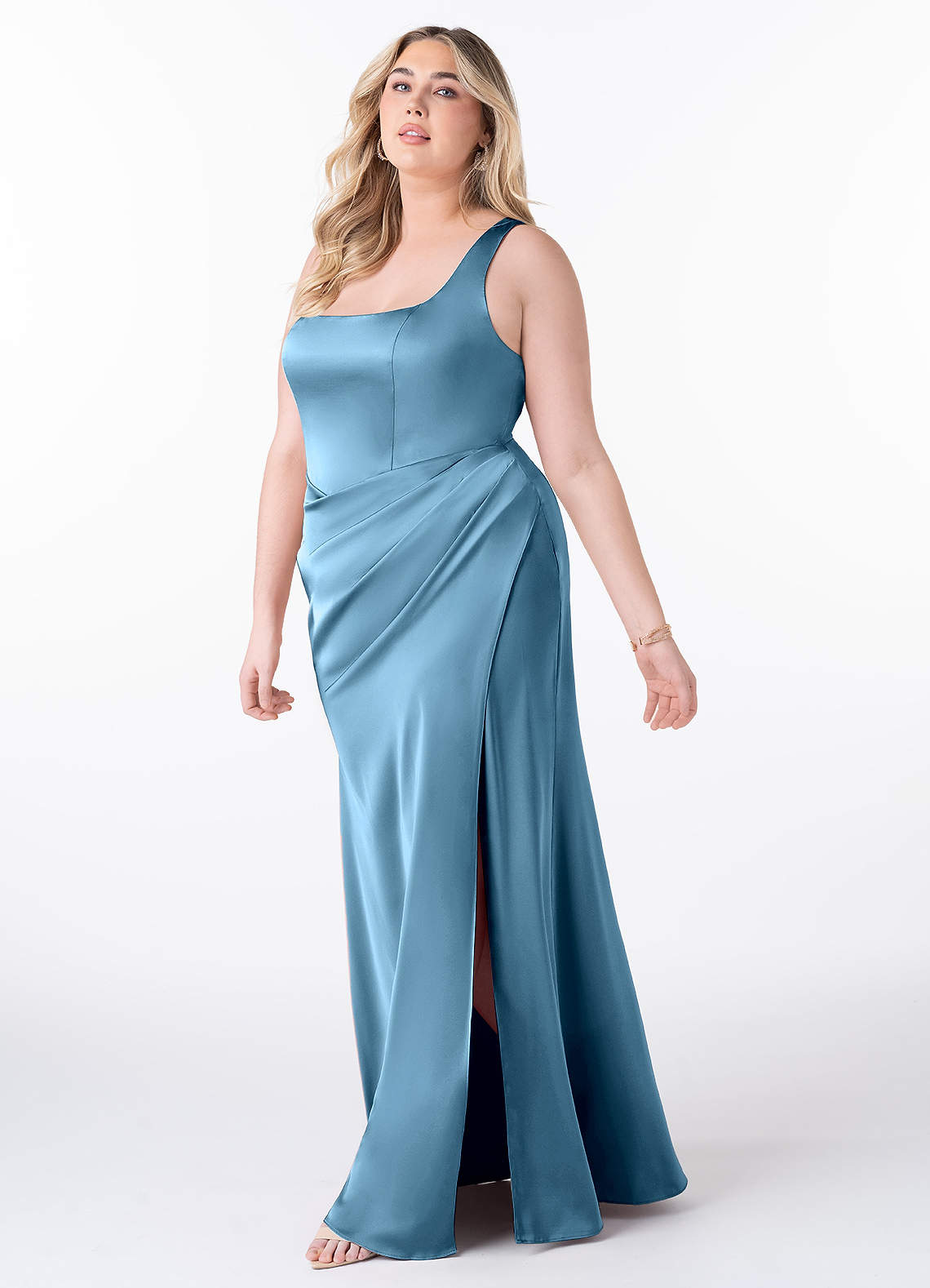 Azazie Mero Bridesmaid Dresses Steel Blue Sheath Pleated Stretch Satin Dress image6
