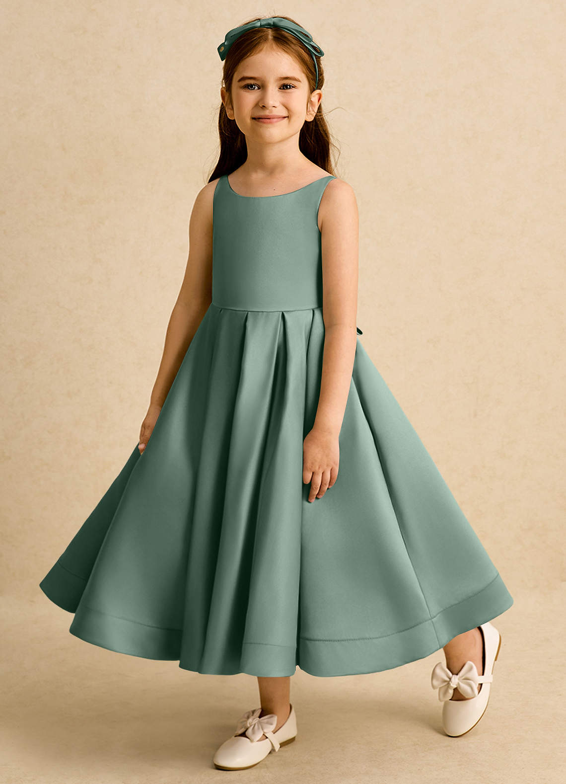 Azazie Babs Flower Girl Dresses Eucalyptus Ball-Gown Pleated Matte Satin Dress image7