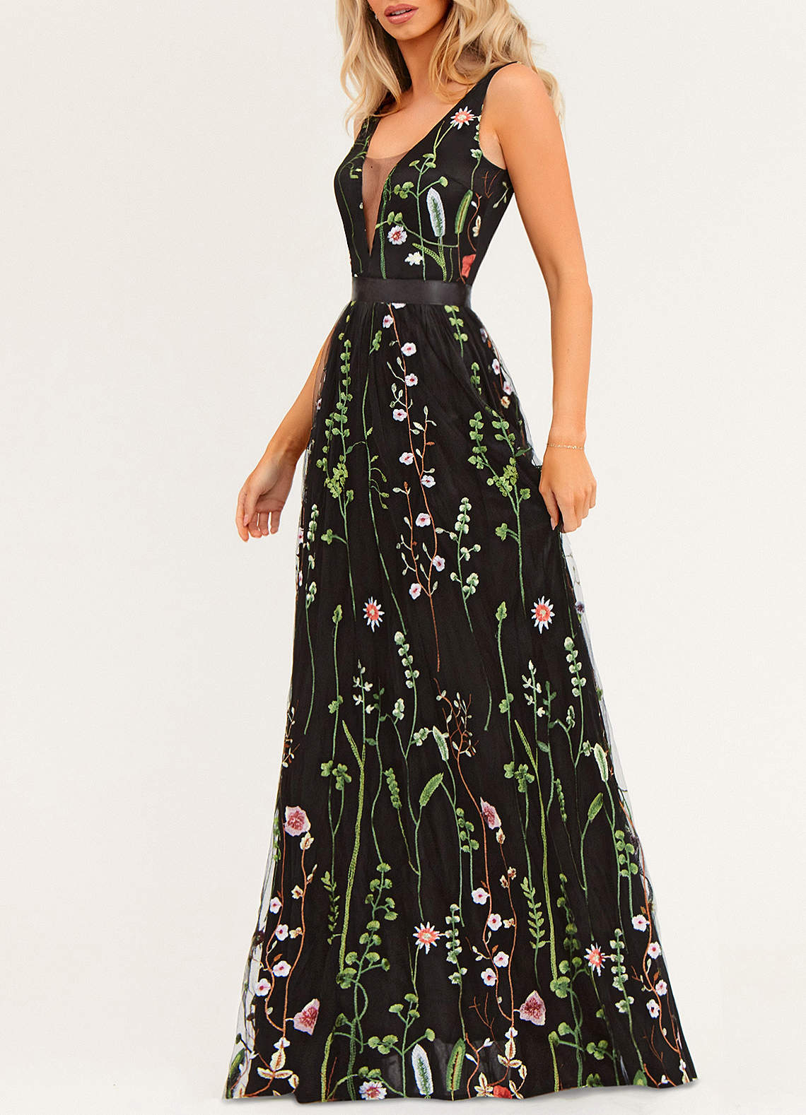 resultaat Stijg Verzending Geborduurde maxi-jurk met bloemen Zwart Jurken | Azazie