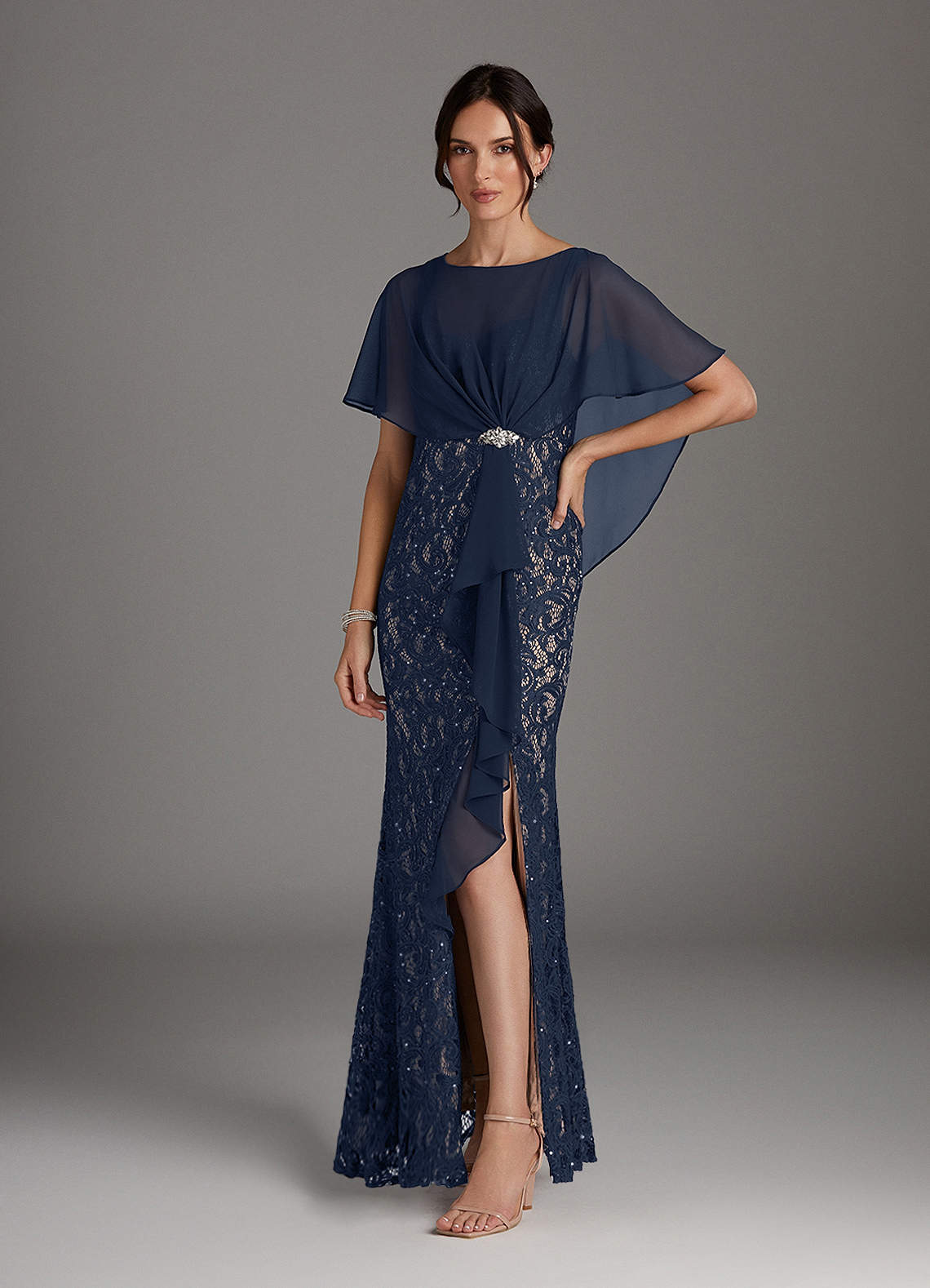 Azazie Lemus Mother of the Bride Dresses Dark Navy Taupe Sheath Sequins Chiffon Dress image1