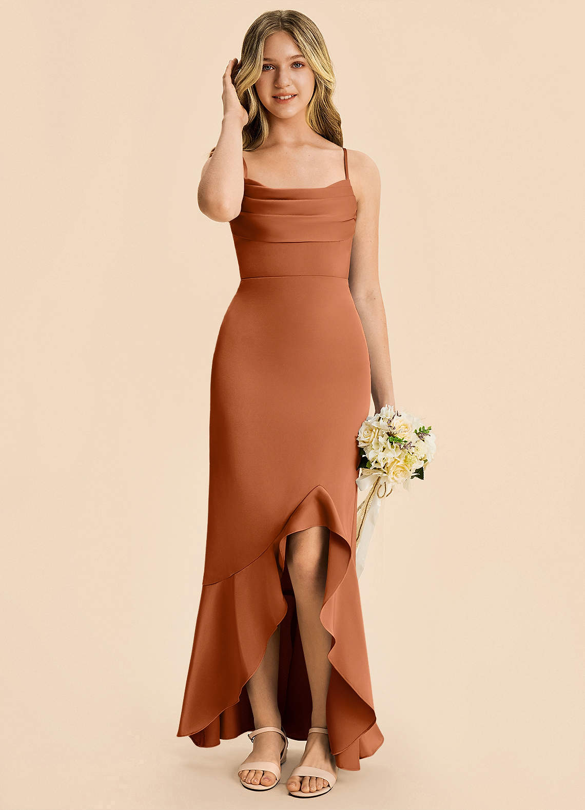 copper junior bridesmaid dresses Azazie Magnolia Dress in black tie wedding dress Sexy Sling Backless Silvery Silk Satin Colors:Blush Pink 610 neck halter dress and
