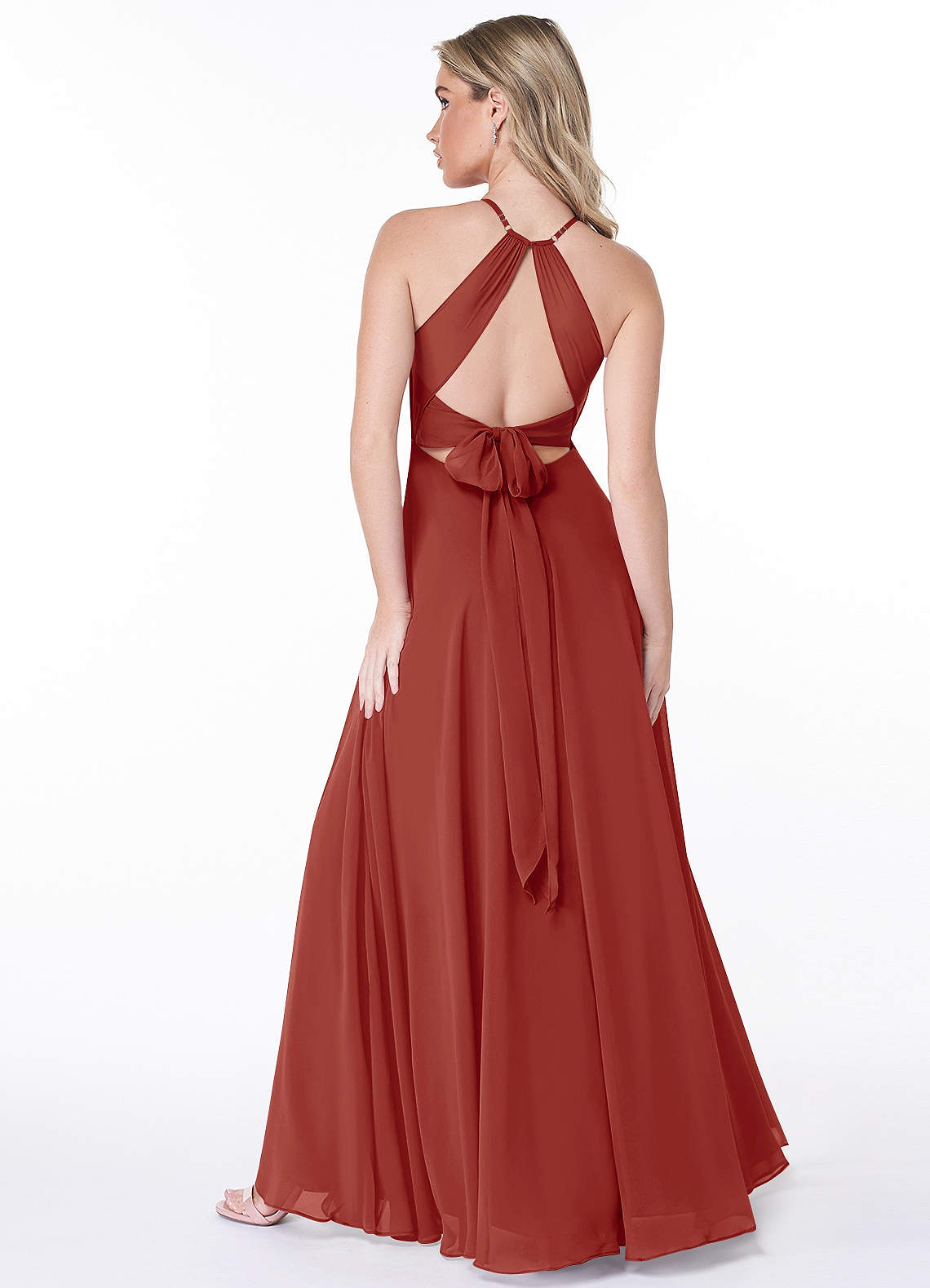 Azazie Evalleen Robes de demoiselle d'honneur Robe Trapèze en Mousseline de soie Plissée Terracotta image3