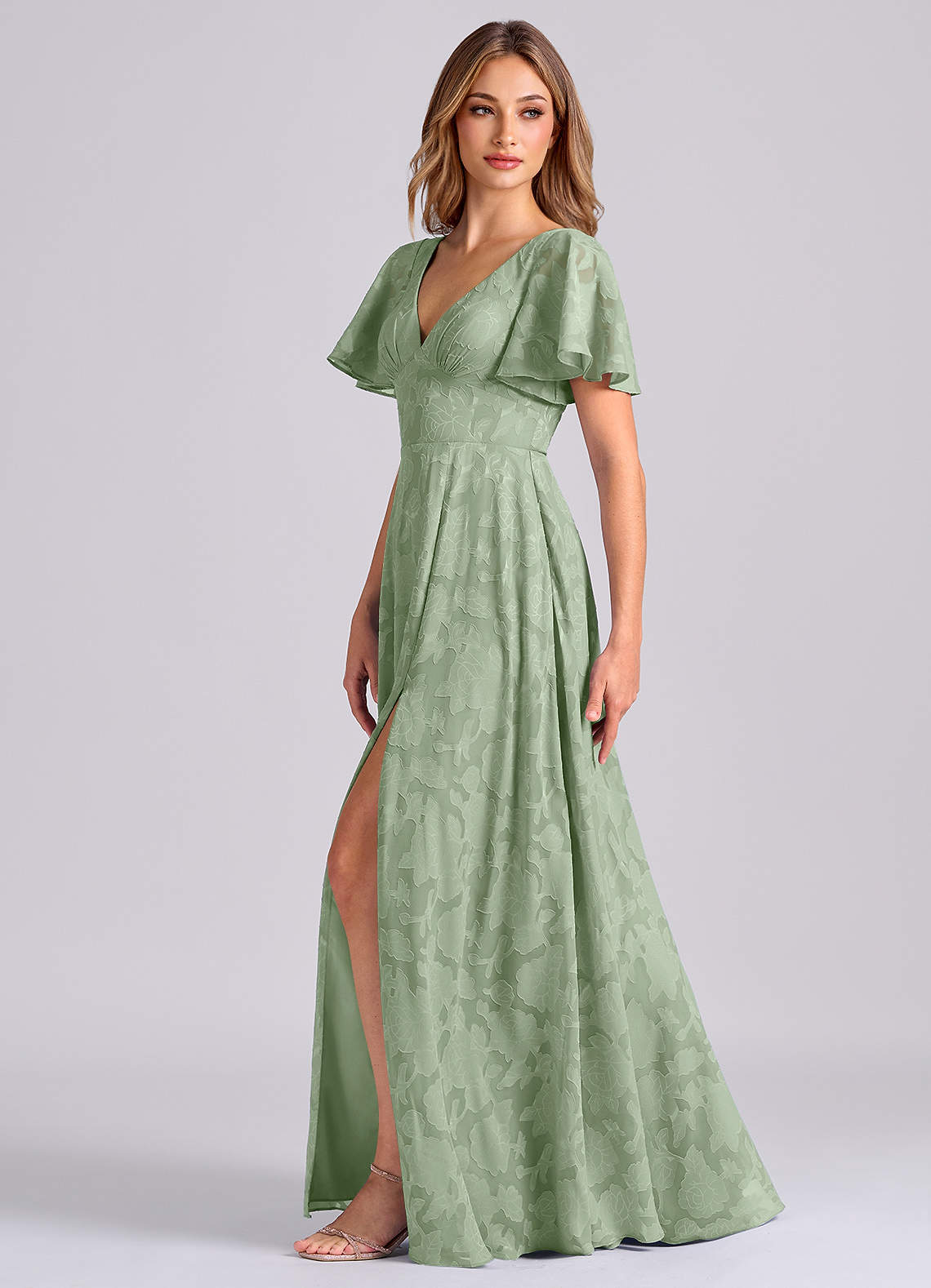 Azazie Kimber Bridesmaid Dresses Dusty Sage A-Line with Pockets Floral Burnout Dress image4