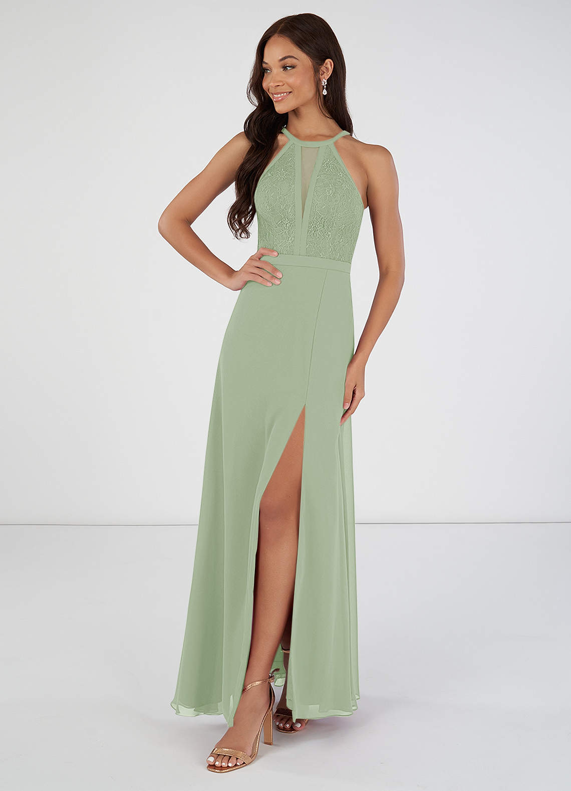 Azazie Rona Bridesmaid Dresses A-Line Lace Chiffon Floor-Length Dress image1