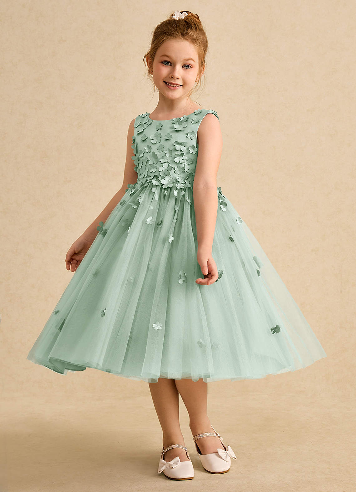 Azazie Lana Flower Girl Dresses Agave A-Line Sleeveless Matte Satin Dress image2