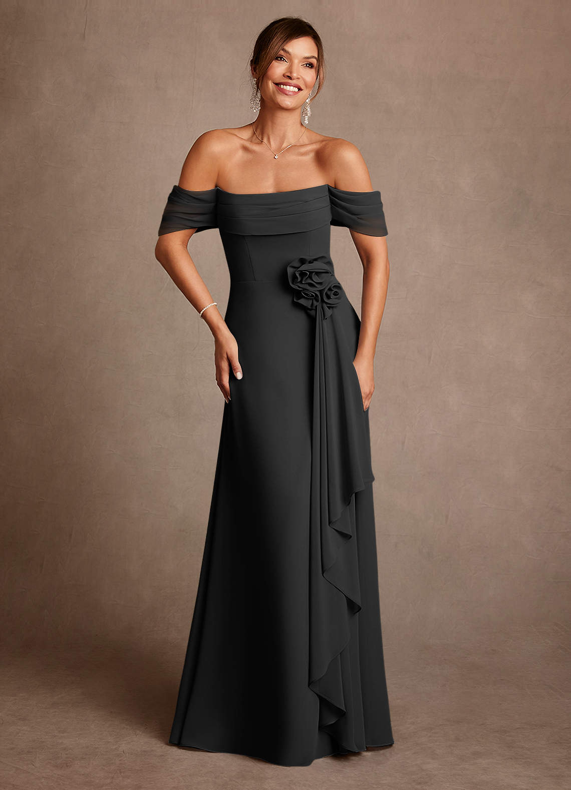 Azazie Amherst 신부의 어머니 드레스 A라인 오프 더 숄더 쉬폰 플로어 길이 드레스 image1