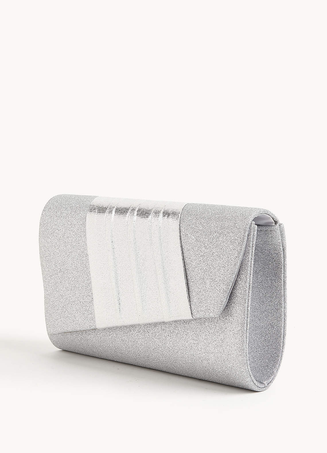 front Pleated Satin and Glitter Asymmetrical Flap Clutch