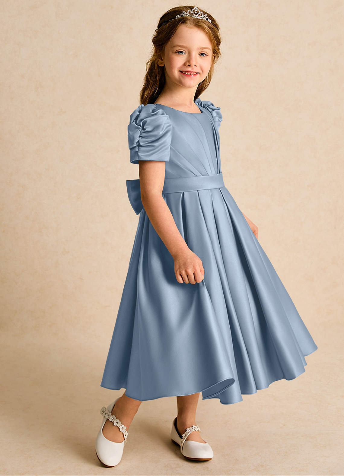 Azazie Miriam Abiti da Ragazza di Fiori Abito Principessa in Raso Opaco Plissettato Blu Polveroso image5