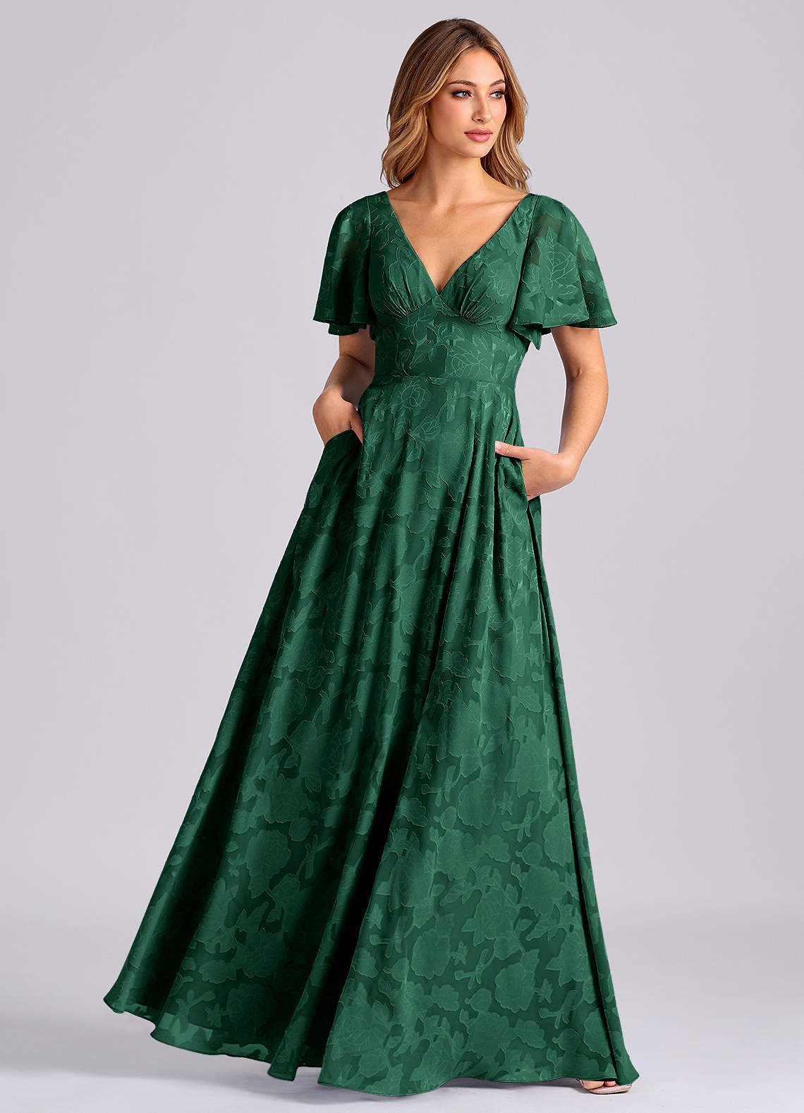 Azazie Kimber Bridesmaid Dresses Dark Green A-Line with Pockets Floral Burnout Dress image6