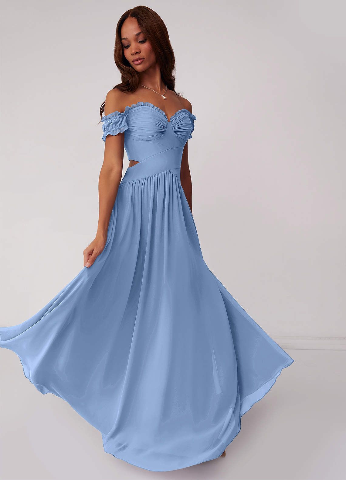 Boned Off Shoulder Waist Drop Chiffon Bridesmaid Dress - Blue main image 0