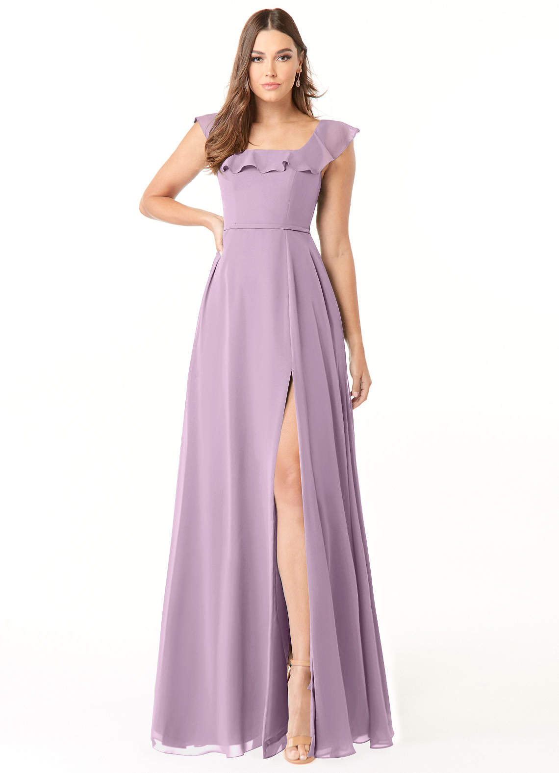 Azazie Jinny Bridesmaid Dresses Wisteria A-Line Square Neckline Ruched Chiffon Dress image1