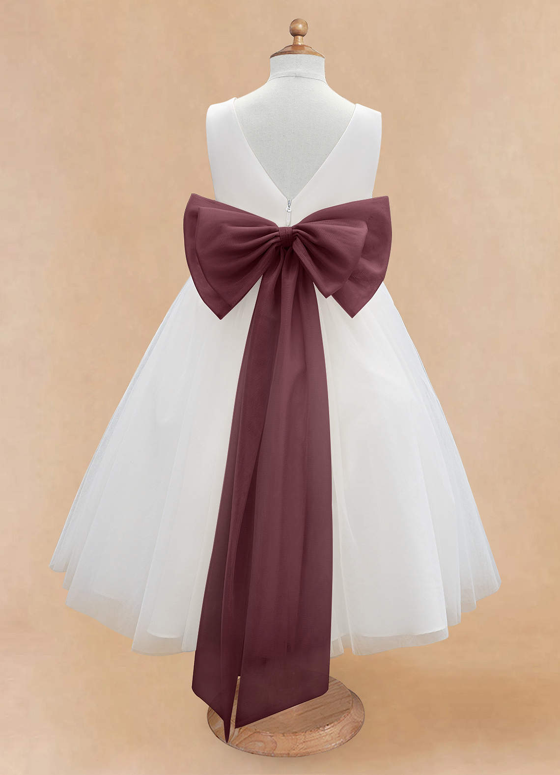 Azazie Kavi Flower Girl Dresses Ivory Sangria A-Line Bow Matte Satin Dress image7