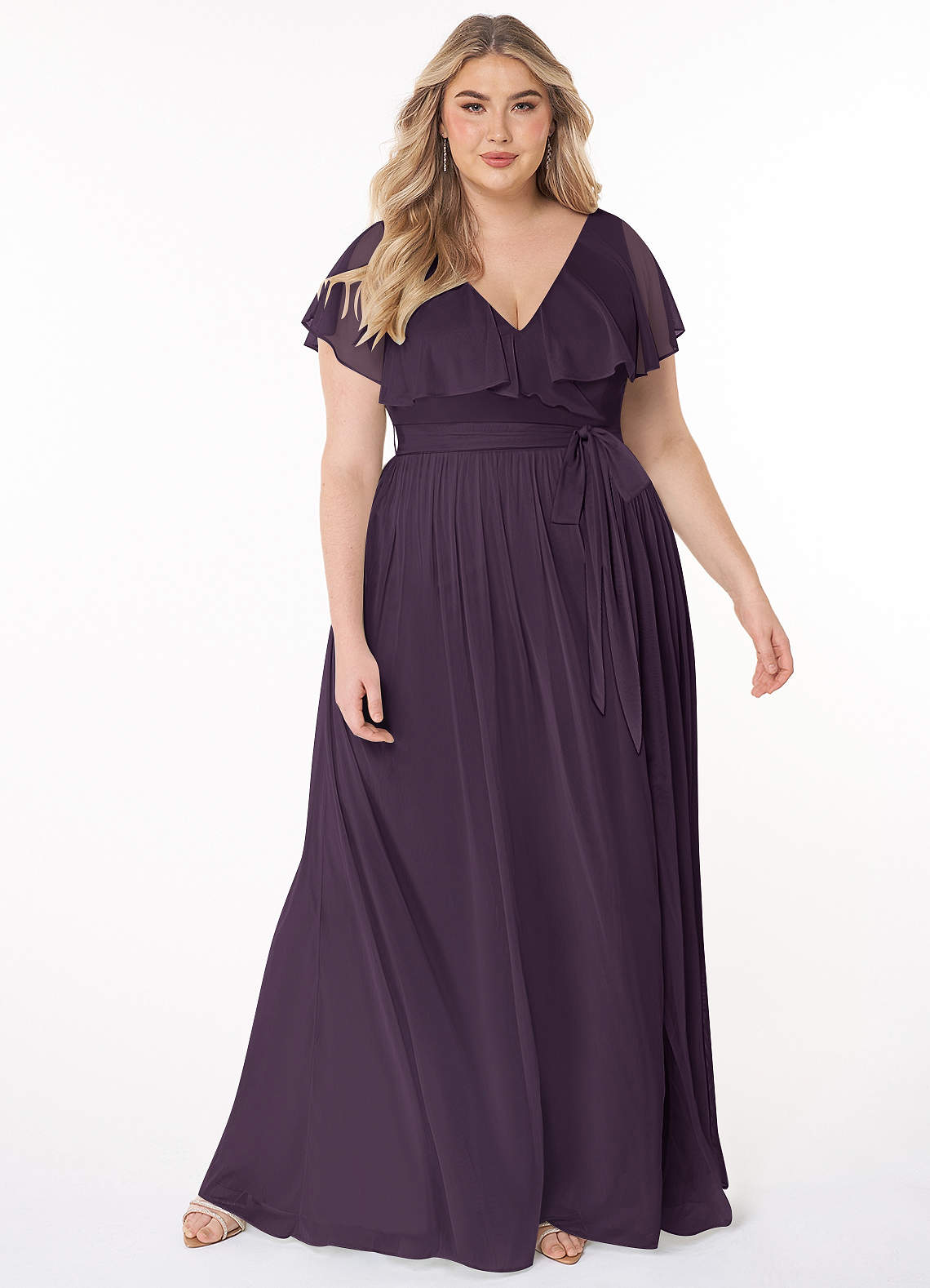Azazie Jael Bridesmaid Dresses Plum A-Line V-Neck Mesh Dress image1
