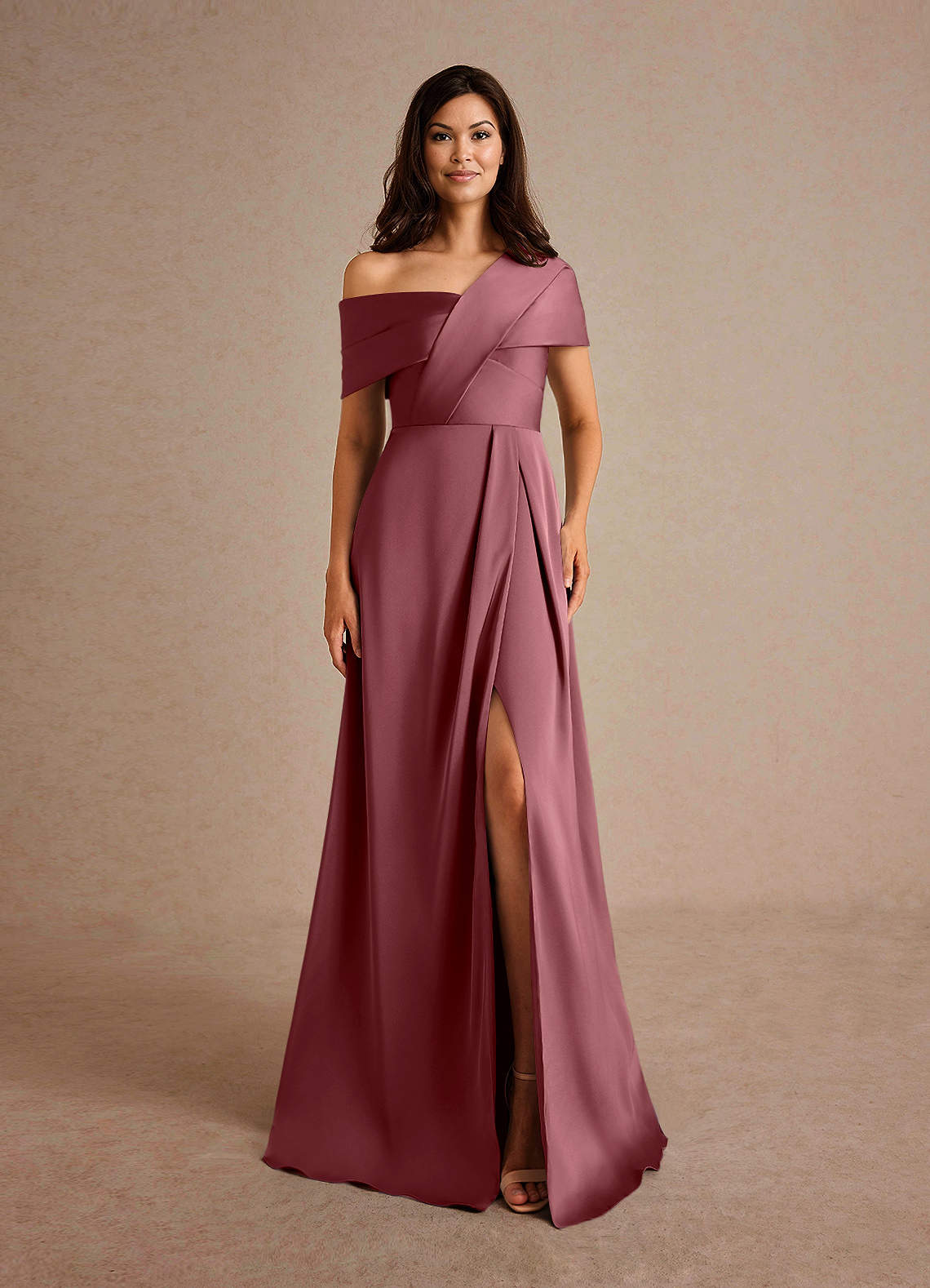 Azazie Milton Mother of the Bride Dresses Desert Rose A-Line Pleated Stretch Satin Dress image6