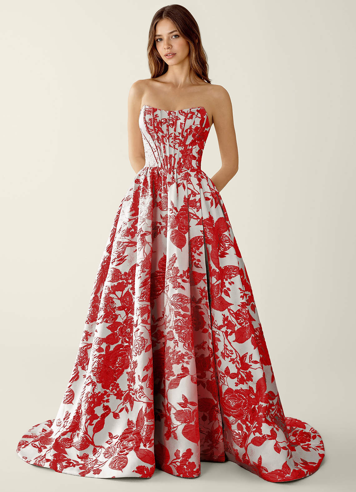 floral jacquard a line dress Stacees 2026 Floral Jacquard A-Line Prom Dress with Pockets Slit