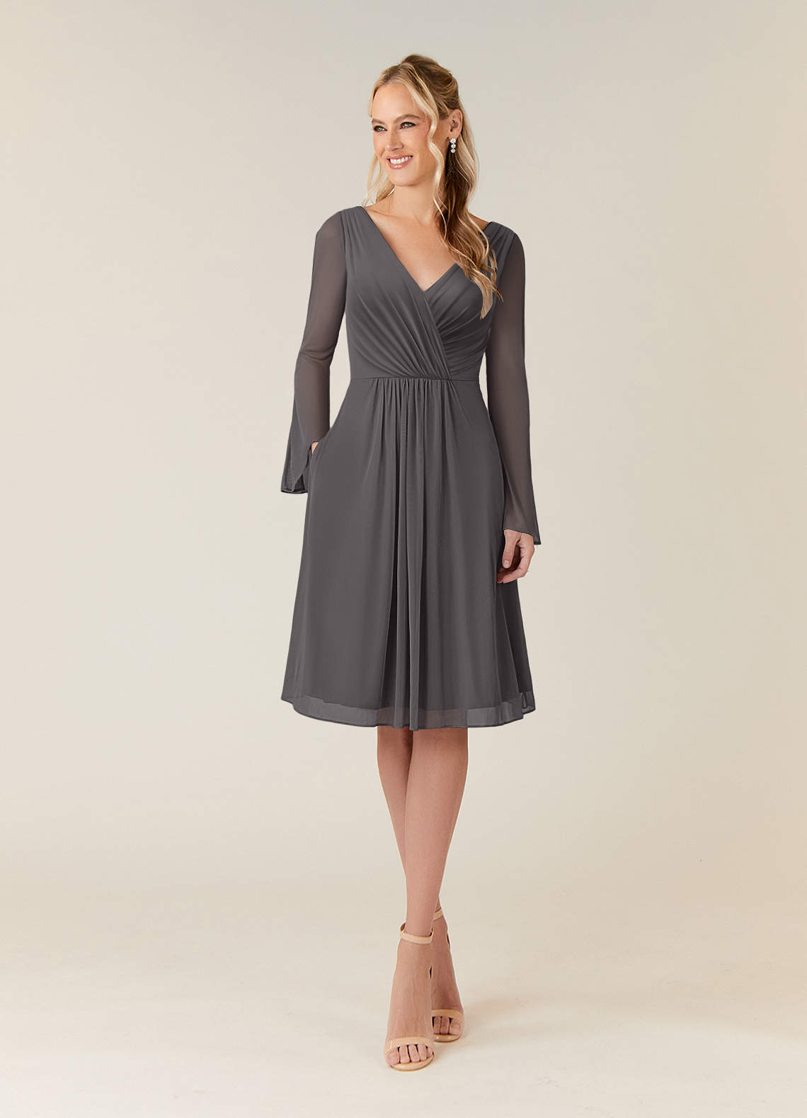 Azazie Teraso Mère de la mariée Robes Robe Trapèze en Maille Plissée Gris Acier image1
