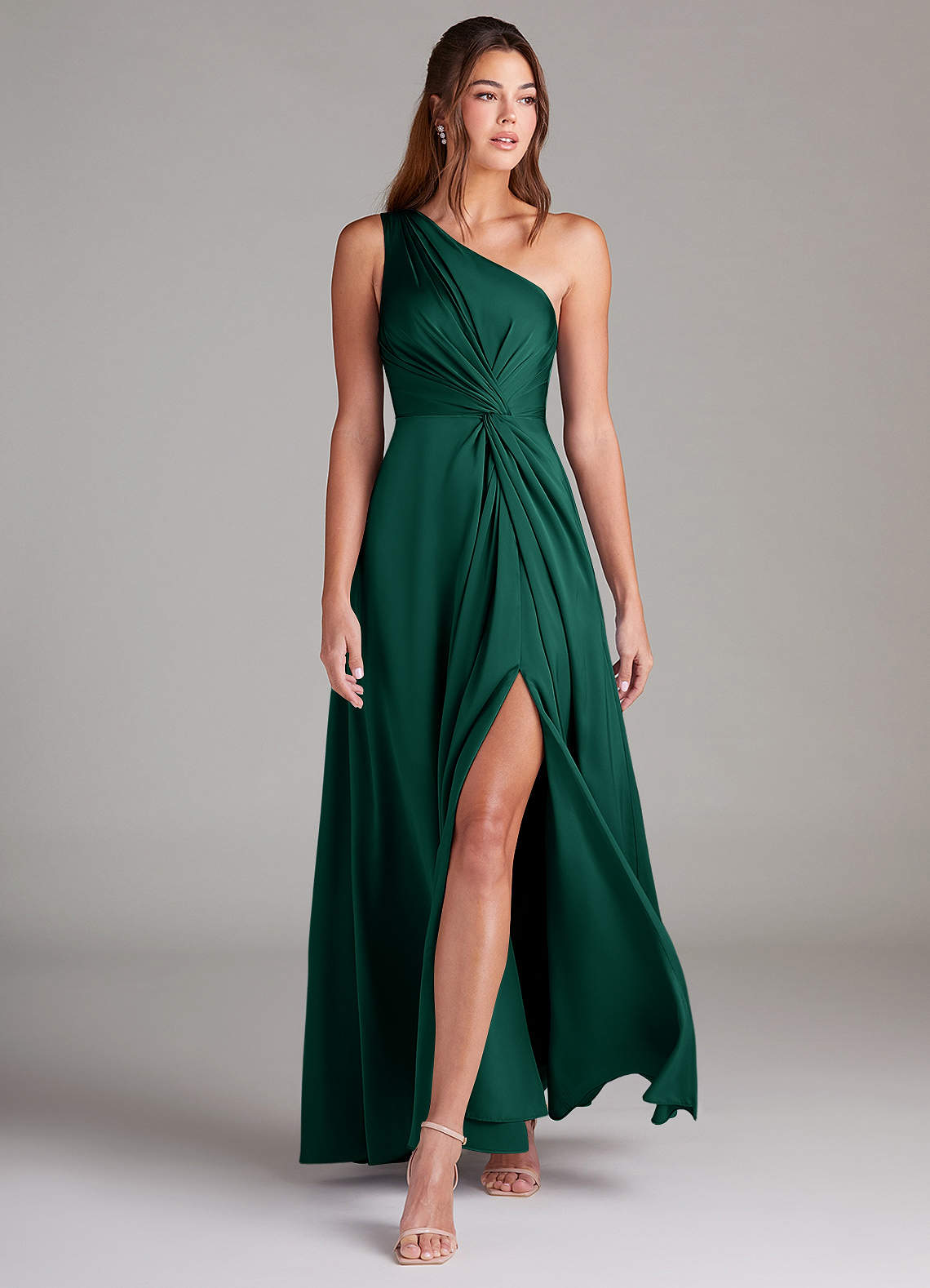 Azazie Brooke Bridesmaid Dresses Emerald A-Line One Shoulder Stretch Satin Dress image2
