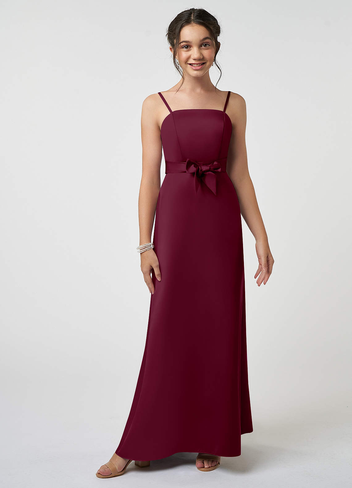 Azazie Anina Junior Mulberry A-Line Bow Stretch Satin Dress image1