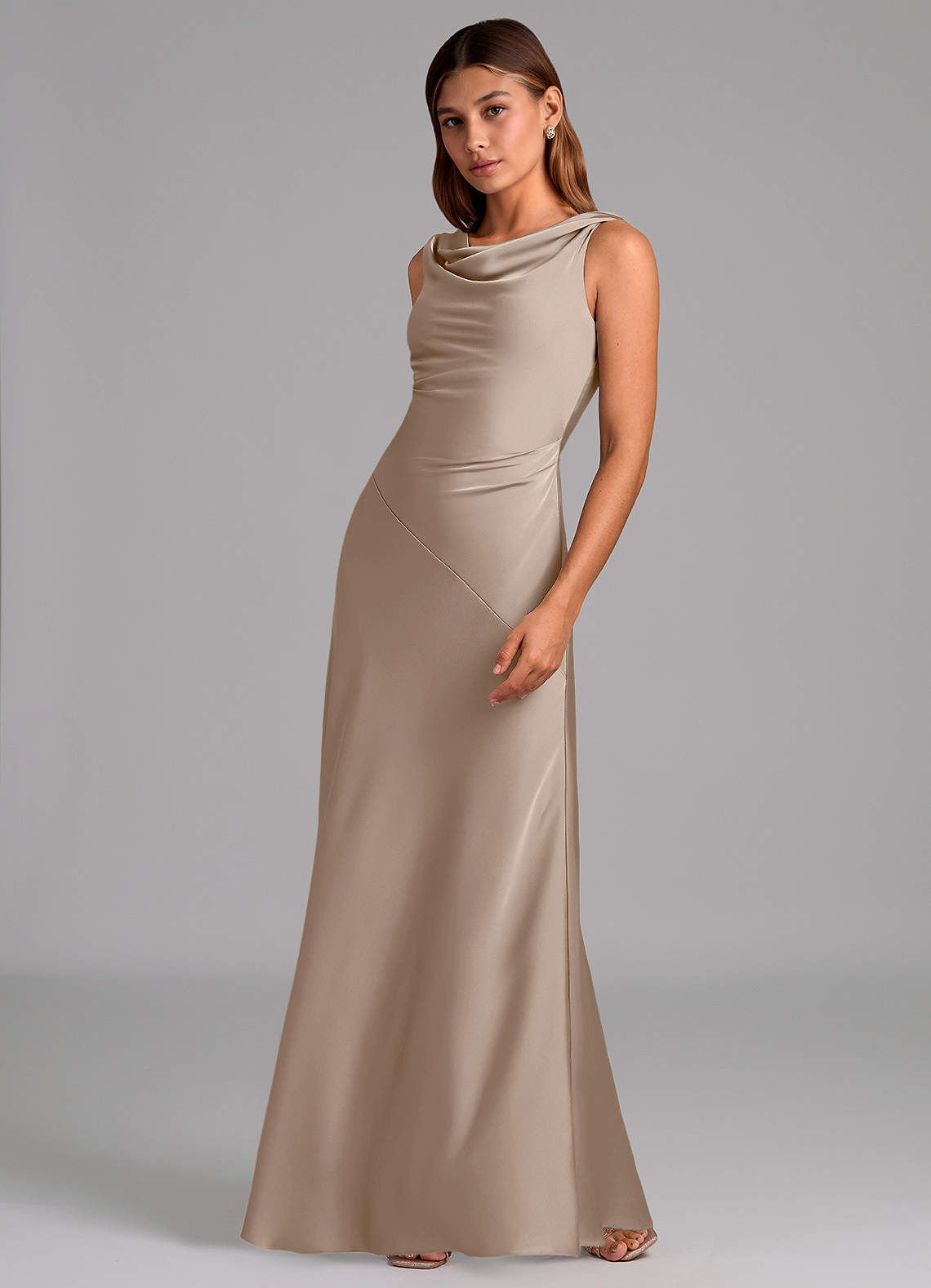 aline bridesmaid dresses uk Azazie Nerine Taupe Stretch Satin V neck