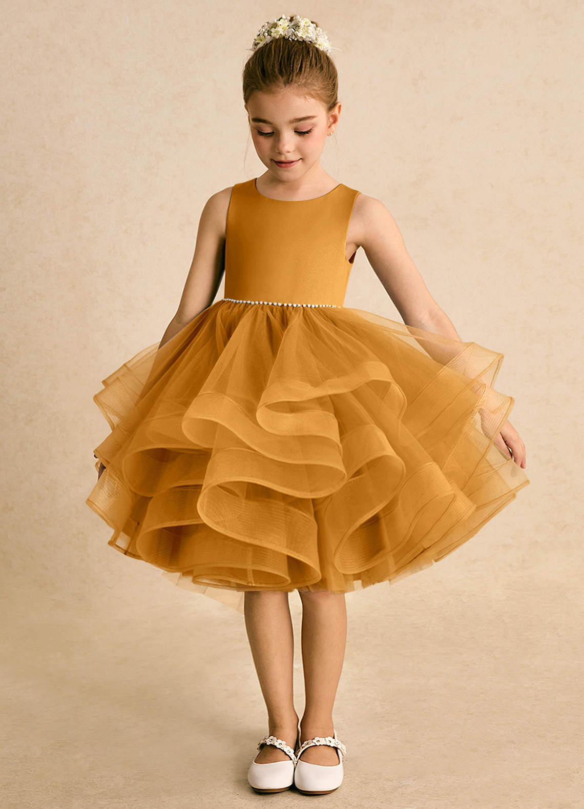 Azazie Tinie Flower Girl Dresses Butterscotch Ball-Gown Bow Tulle Dress image4